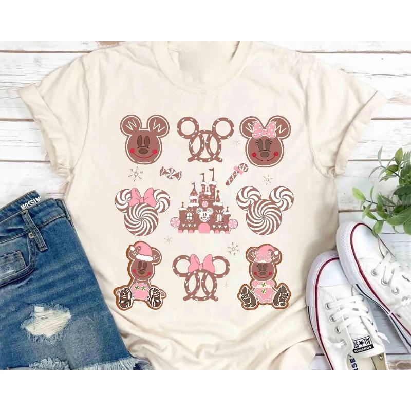 

Trendy Casual Mickey and Minnie Gingerbread Castle Christmas Pink Shirt Unisex Cotton Four Seasons Base Shirt S