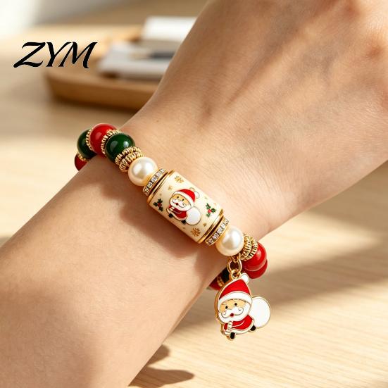 Elegant Retro Gold Spacer Beads Christmas Bracelets for Women, Beaded Charm Stretch Bracelet with Stretchy Bead Girls Card, Holiday Jewelry