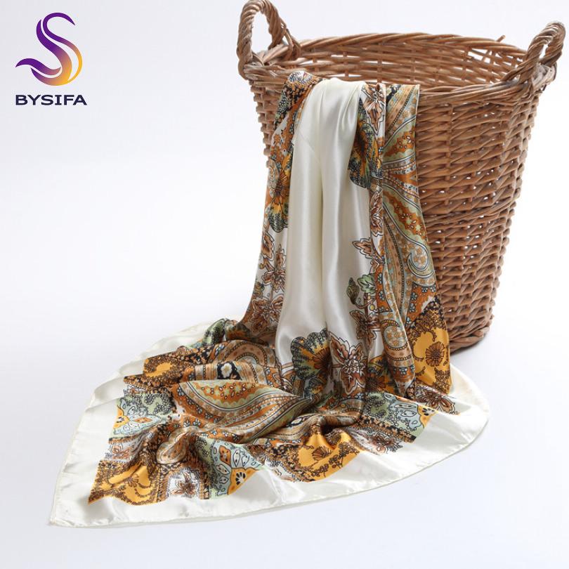 [BYSIFA] Muslim Women Head Neck Scarf Shawl  Trendy Chinese Silk Square Satin Scarf 90*90cm Pink Coffee Roses Scarves Wraps