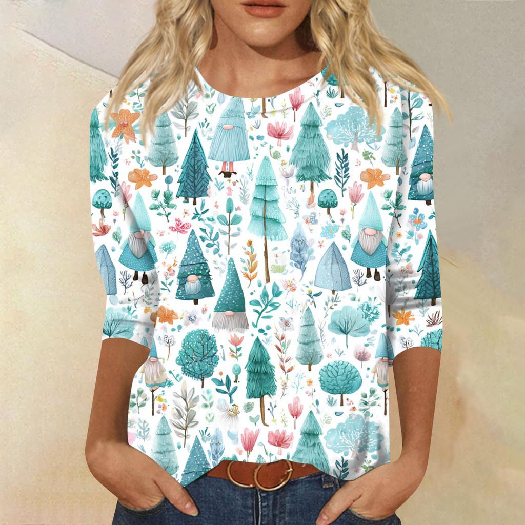 Lässiges Damen-T-Shirt mit Rundhalsausschnitt, Dreiviertelärmeln und Weihnachtsmotiv