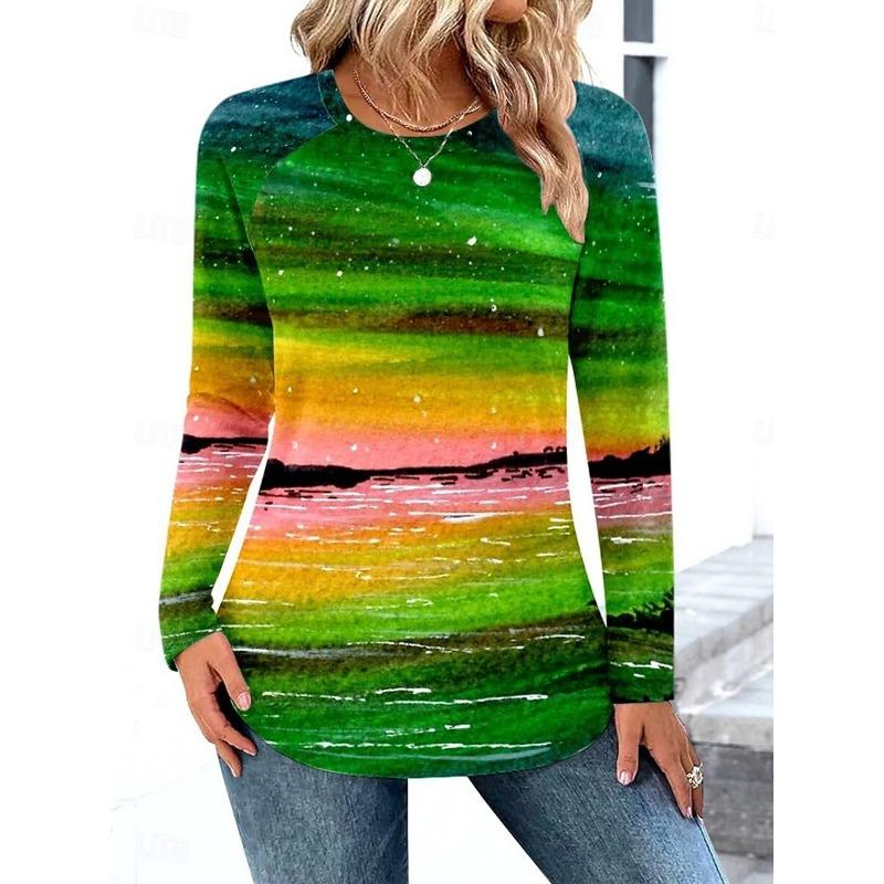 Women's T Shirt Striped print  Vintage Stylish Long Sleeve Crew Neck Regular Tops Daily Going out Weekend Print  Spring