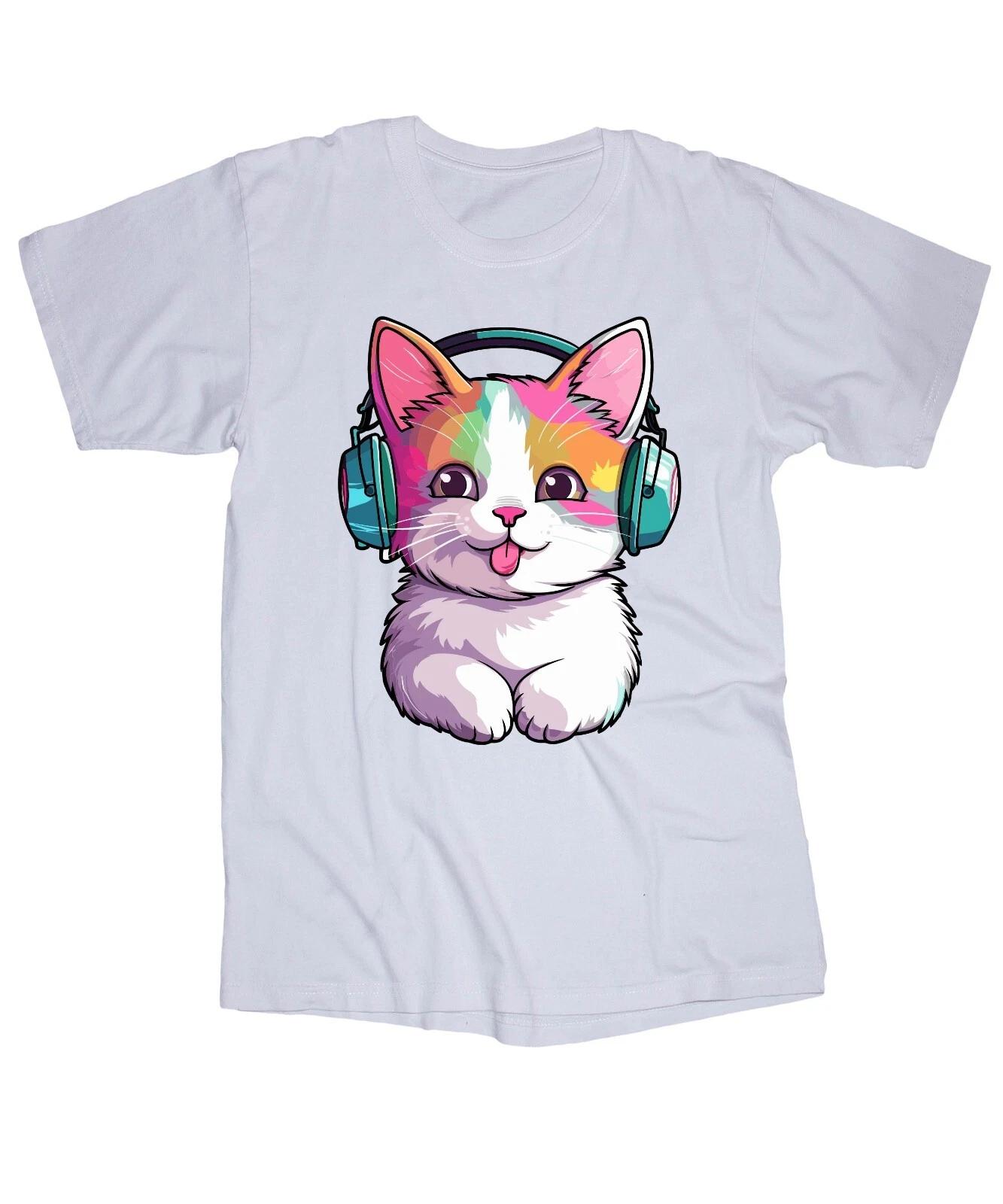 Kitten Cat with headphones White T-shirt Music Rock in Roll Fun Happy Smile S