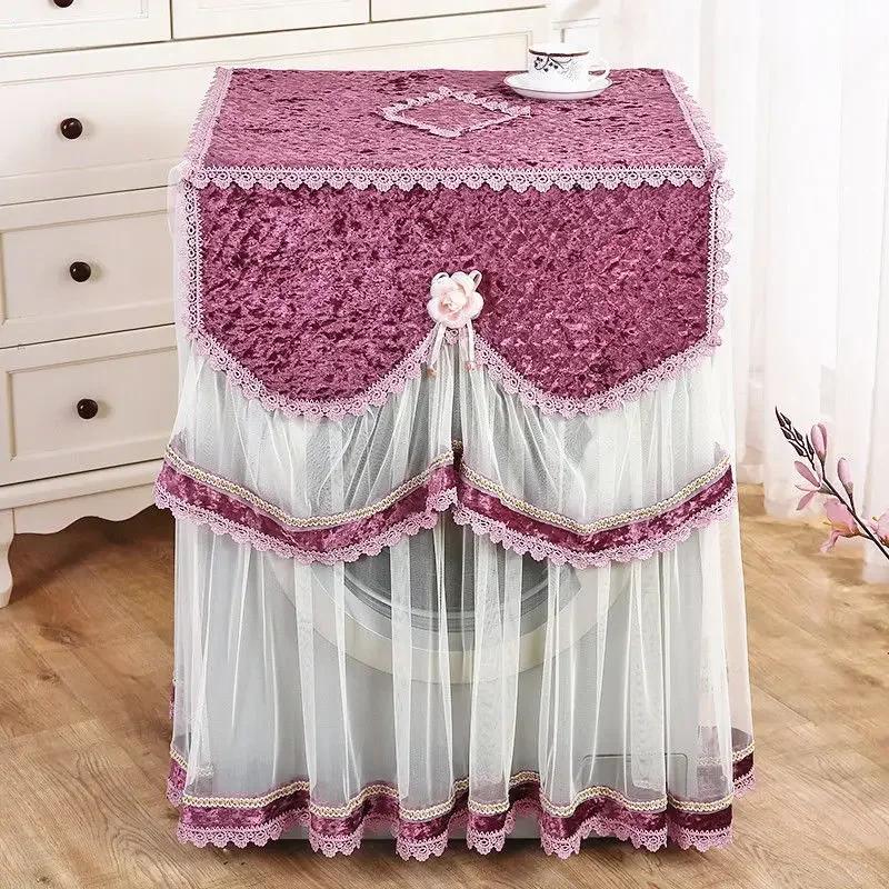 Washing Machine Cover Universal Washing Machine Cover with Roller and Wave Wheel Upflip Washing Machine Dustproof Lace Cover