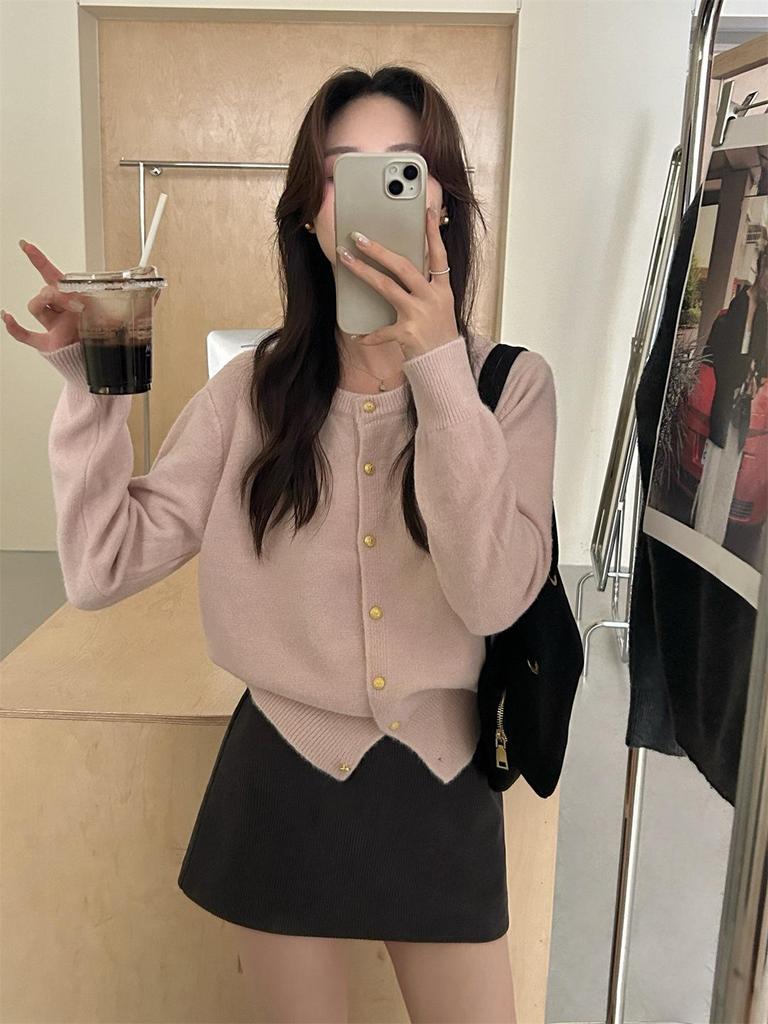 Korean Retro Autumn/Winter Cardigan Sweater with Gold Button Detail