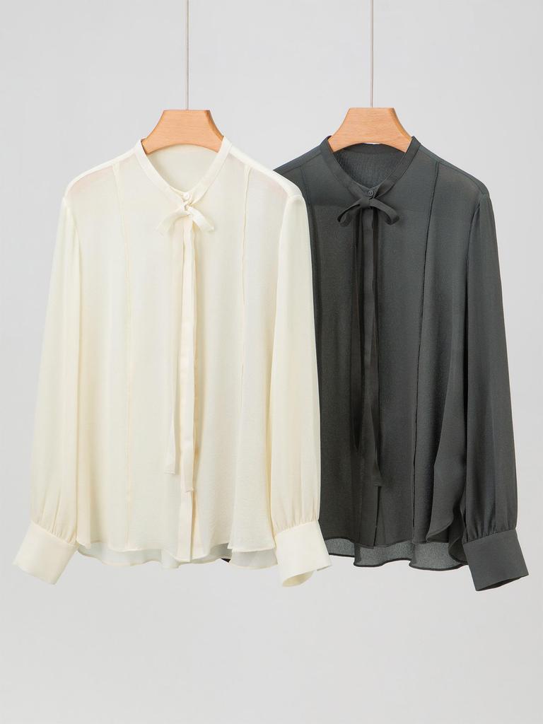Women's Spring Silk Ribbon Shirt: Mulberry Silk French-Style Long Sleeve Top