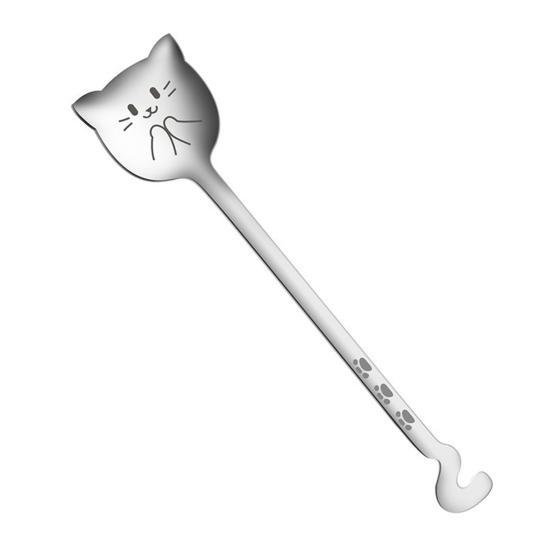 Cat Face Coffee Spoon, 304 Stainless Steel Cute Hanging Spoon with Curved Tail, Long Handle, Stirring Spoon for Mug Cup, Coffee Milk Tea Dessert Gift