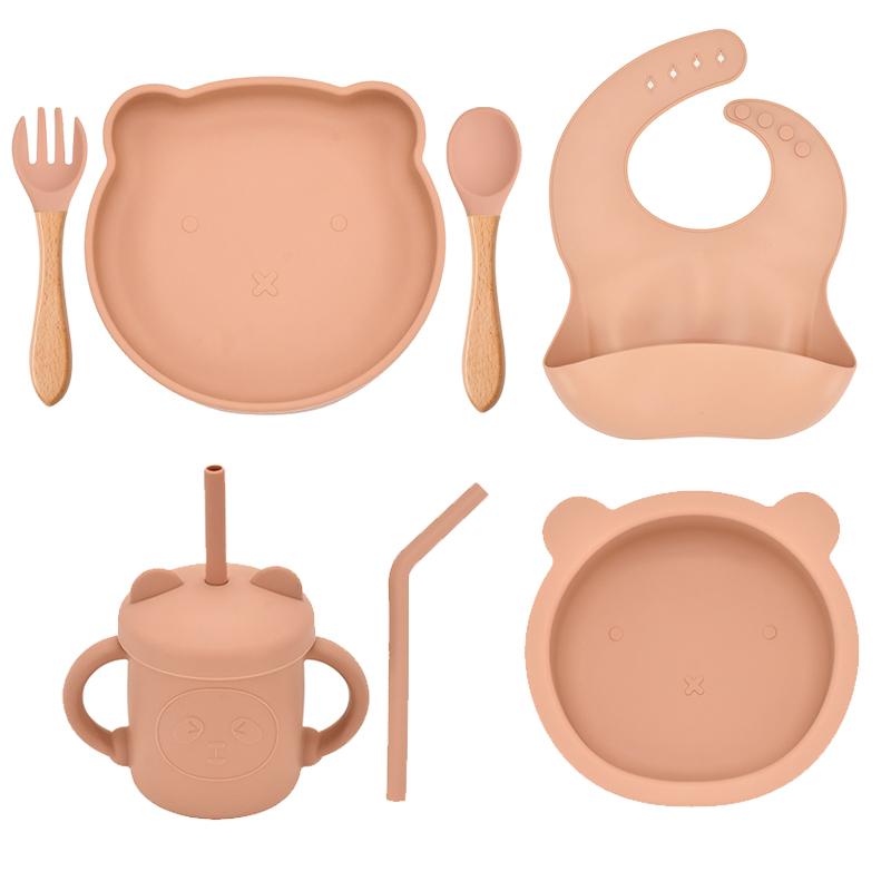 7PCS/Set Baby Silicone Sucker Bowl Plate Cup Bibs Spoon Fork Sets Children Non-slip Tableware Baby Feeding Dishes BPA Free