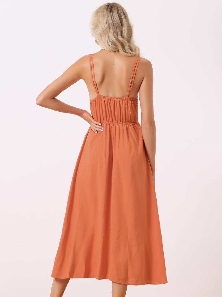 Allegra K Bohemian Sleeveless Spaghetti Strap Maxi Sundress, Wrap Waist, Summer 2024, Women's, Orange, Size L