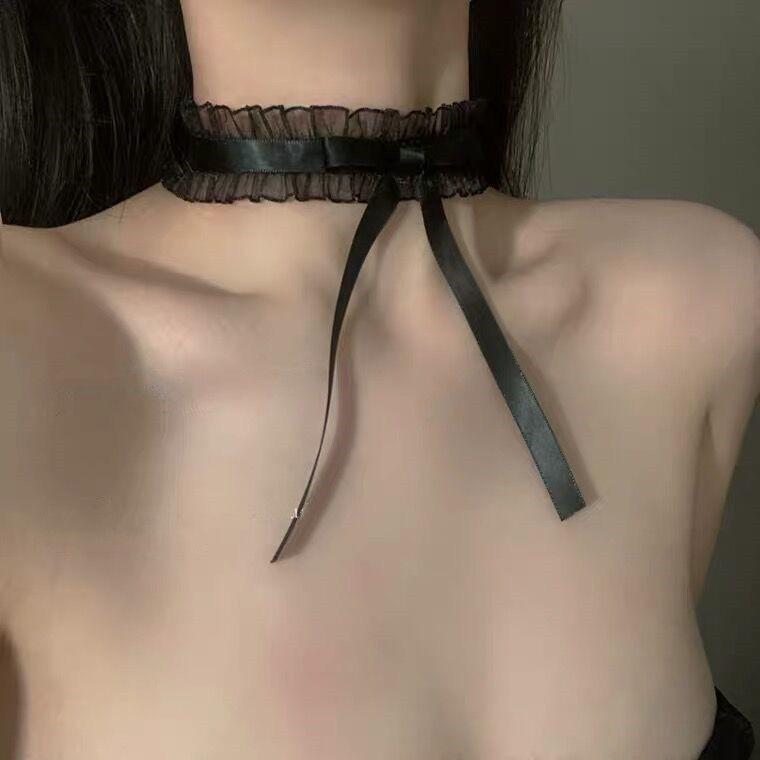 Delicate Lolita Fairy Choker Necklace with Ribbon Bow and Lace Design