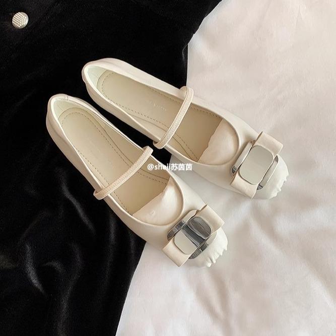 Spot second hair! Fashion versatile new square head bow thick heel Mary Jane single shoes women's flat ballet shoes spring