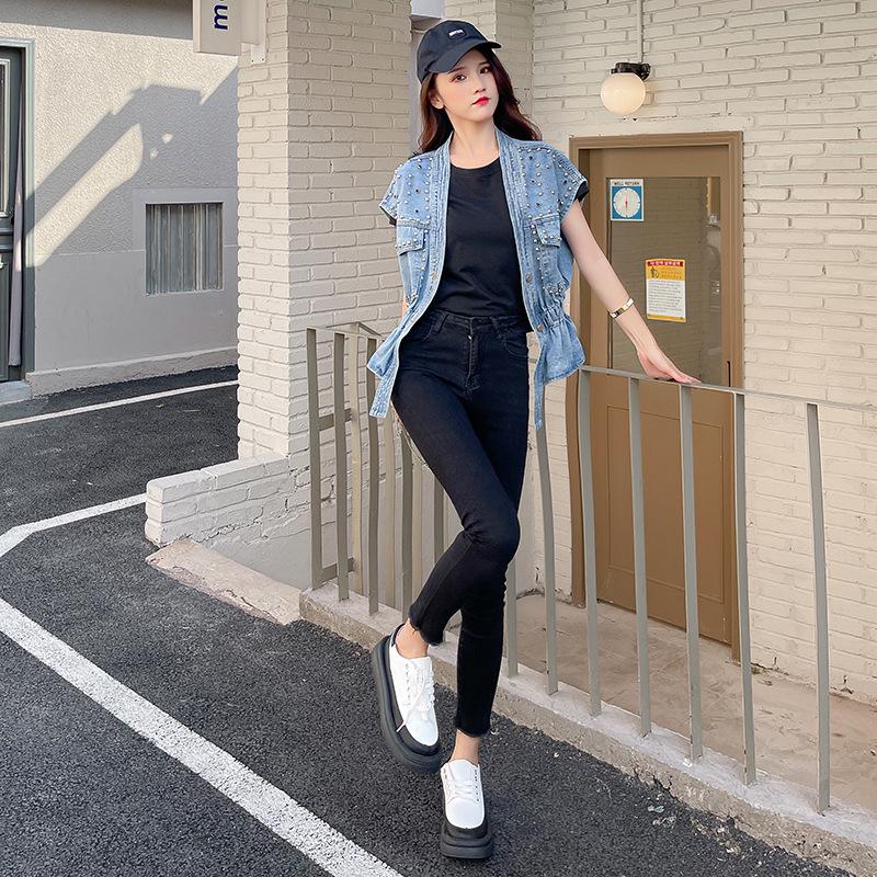 Sommer Damen Unregelmäßiges Perlen-Taillenbetontes Ärmelloses Jeans-Westen-Top