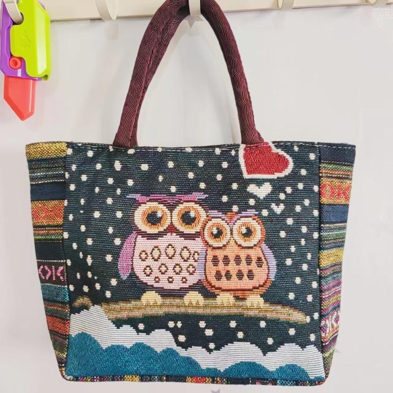 Canvas bag, women's large-capacity double-sided embroidered animal handbag, mommy bag, go shopping, handbag