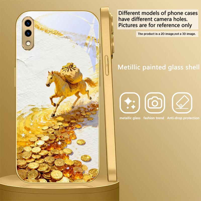 golden galloping horse For Samsung A 01 52S A04 A05S A10 A12 A13 22 23 24 36 42 M02 Note 10 20Ultra 8 9 Golden glass phone case