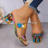 Rhinestone thick heel color one-character high heel cool slippers women's fashion outer wear color matching medium heel style large size