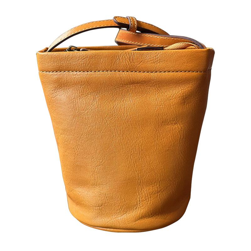 Korean Version New Top Layer Cowhide Small Bucket Bag, Women's Single Shoulder Crossbody Mini Bag, Retro Versatile Vegetable Tanned Leather