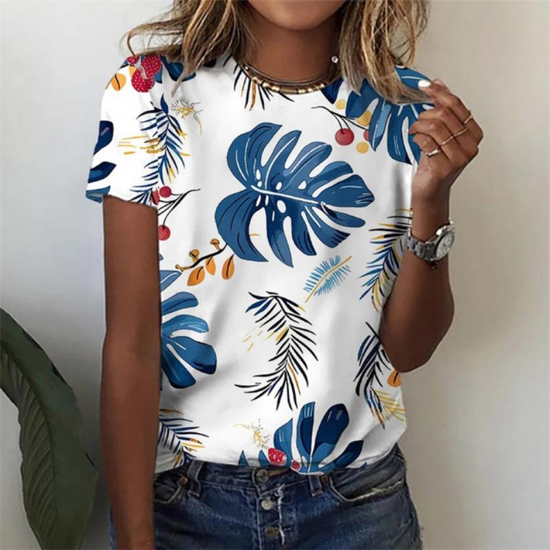 Summer Floral Leaf Gradient 3D Print T-shirts Women Streetwear Casual Fashion Y2k Short Sleeve T Shirt O-neck Tees Tops Clothing
