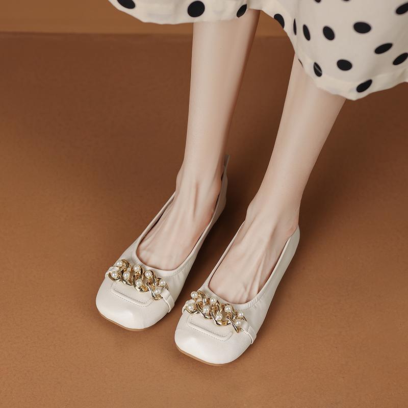 

мода 2024 Женская обувь Элегантные французские туфли с металлической пряжкой с неглубоким вырезом на плоской подошве Простые из мягкой кожи на низком каблуке для женщин 39 бежевый