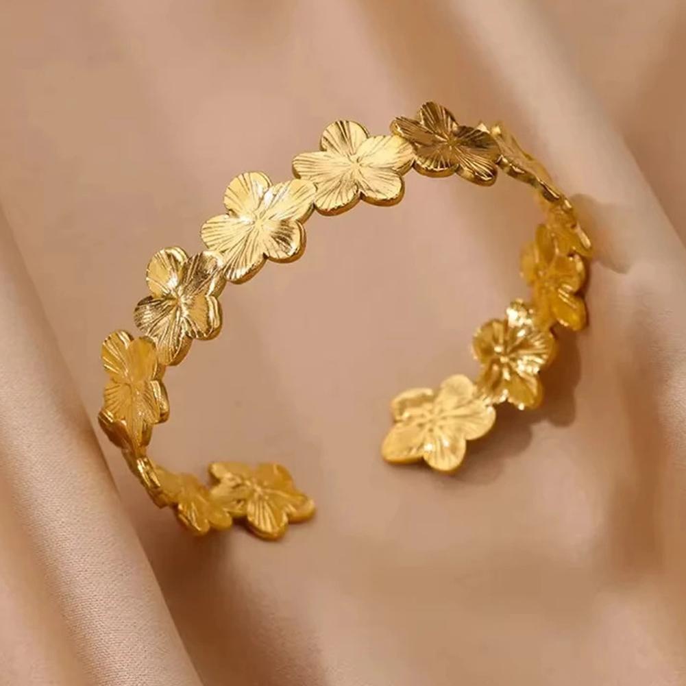 Gold Color Dainty Flowers Open Cuff Bangle Stainless Steel Bracelet For Women Wedding Party Vacation Jewelry Accessories Gifts