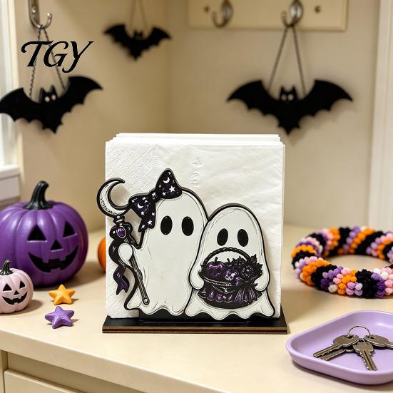 Decorative Wood Towel Rack Halloween Wooden Napkin Holder, Cute Ghost Black Cat Vertical Paper Organizer for Kitchen Stand, Table Tissue Festive Party