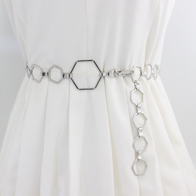 Hook Adjustment Personality Hexagonal Metal Waist Chain Women'S Decorative Dress Belt