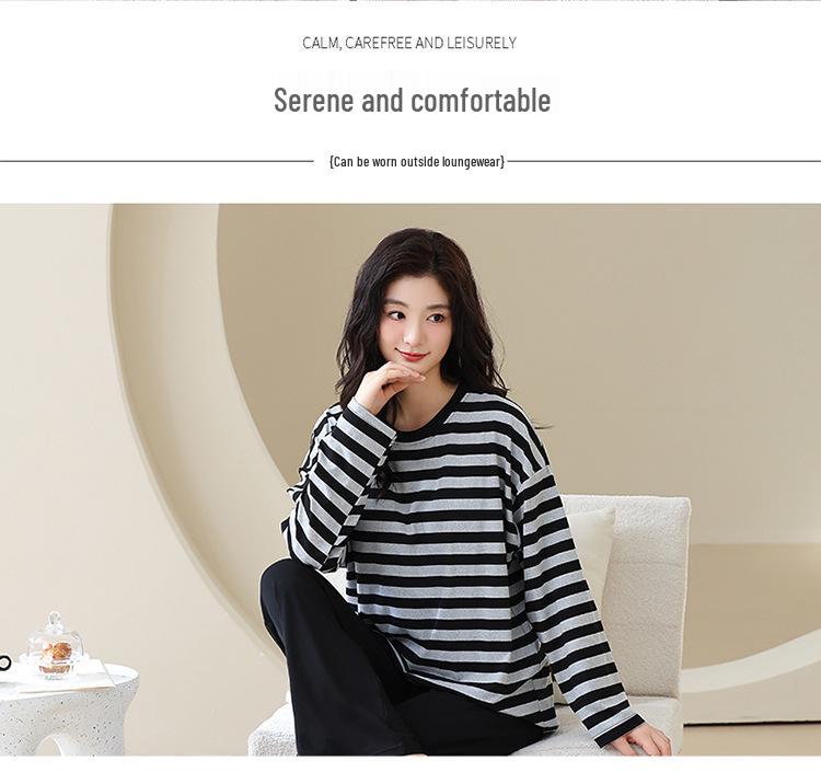 Pyjama d'automne pour femme à col rond rayé à manches longues avec coussinets de poitrine - Ensemble décontracté grande taille pour la maison et l'extérieur