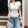 V-neck Front Shoulder Short-sleeved T-shirt for Women In Summer New Slim Large Size Design Lace-edged Top