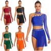 Conjunto de Top Cropped e Shorts Feminino Alça Única Manga Longa Costas com Tiras Bainha Assimétrica de Tela Strass Dança Latina