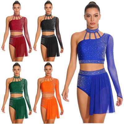 Dam Crop Top Shorts Set Halter Enkel Långärmad Med Band på Ryggen Asymmetrisk Meshfåll Strass Latin dans