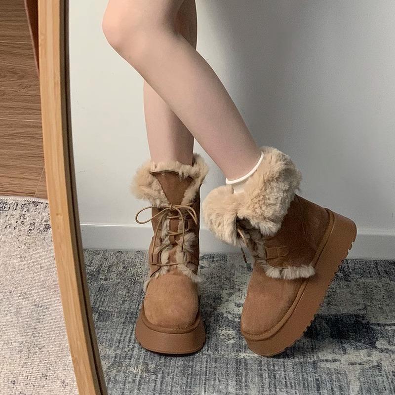 Qi Yan retro fur integrated warm snow boots women, winter thick-soled velvet thickened non-slip cotton shoes