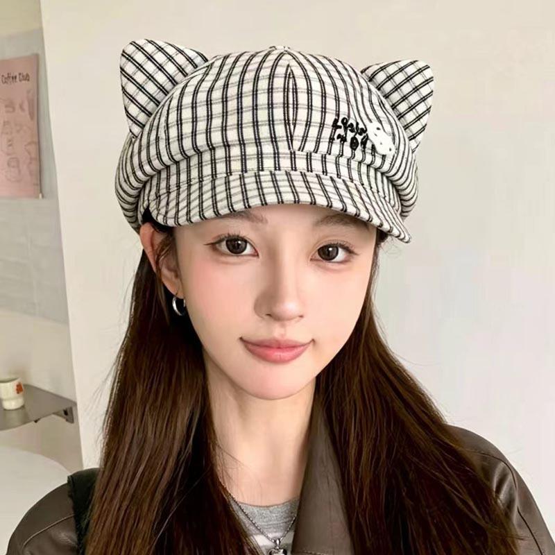 Sweet Plaid Cute Cat Ears Star Anise Hat Female Cap Spring and Autumn New Sweet Face Little Painter Hat Tide