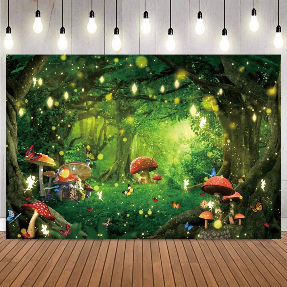 Dreamy Arch Forest Scene Photography Background Magical Mushroom House Fairy Path Home Decor Baby Shower Portrait Photo Backdrop10