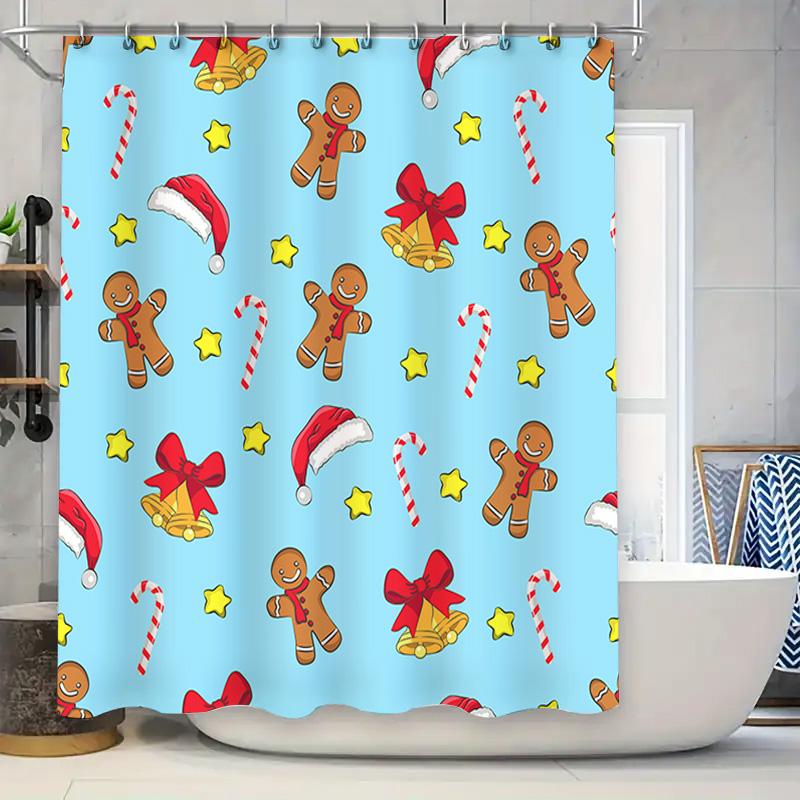 Vibrant Holiday Shower Curtain Set Gingerbread Man Christmas Decorations for Bathroom 90x180cm