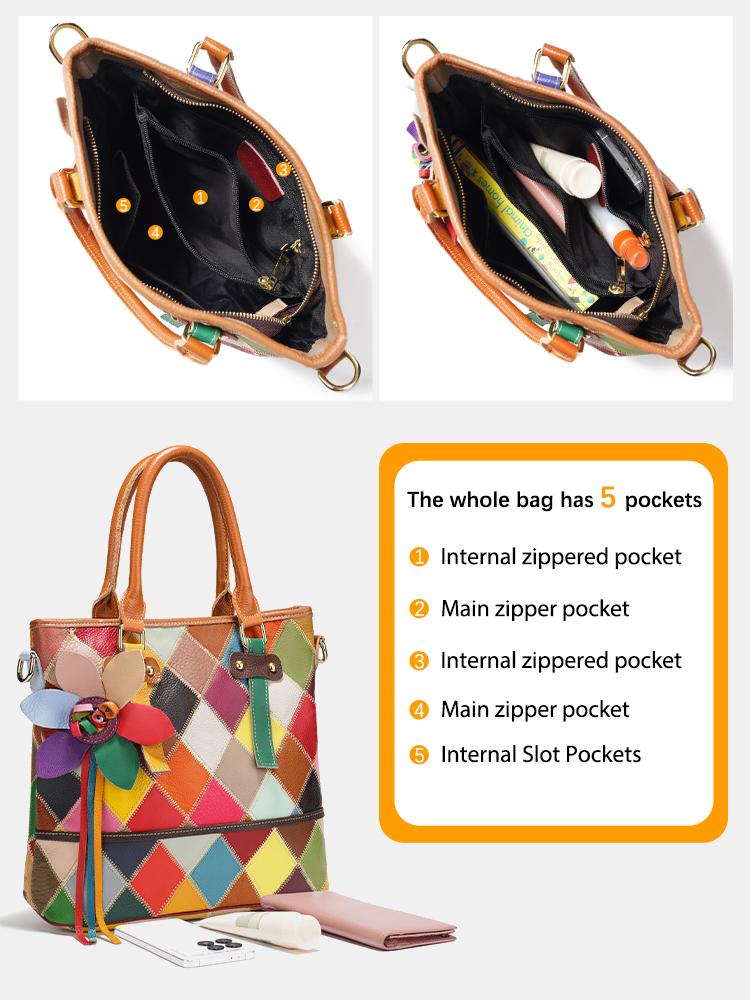 Zency Damen Mode Patchwork Tragetasche Echte Leder Handtasche