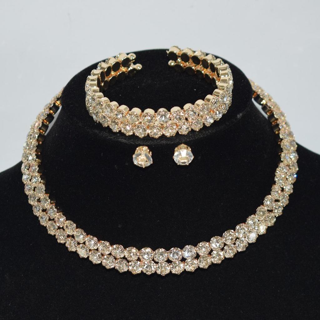 Gold & Silver Rhinestone Jewelry Set: Choker, Bracelet, Stud Earrings, & Necklace