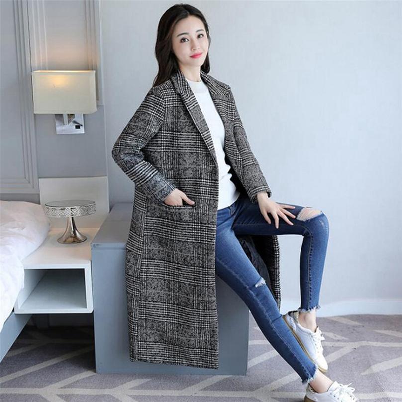 Autumn Korean Style Fashion Women's Plaid Woolen Jacket Slim Thin Long Thick Coat