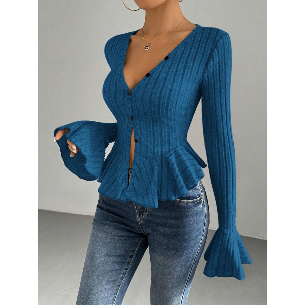 Women's Elegant Style T-Shirt Autumn Winter New V-Neck Ruffle Slim Fit Temperament Fleece Top