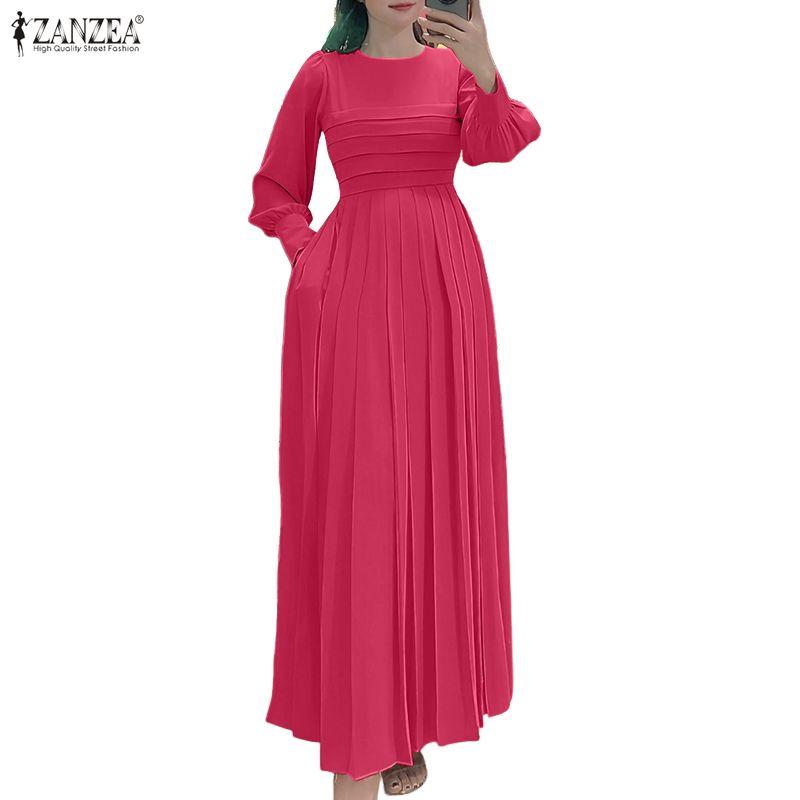 ZANZEA Women Casual Round Neck Solid Color Long Sleeve Loose Dress