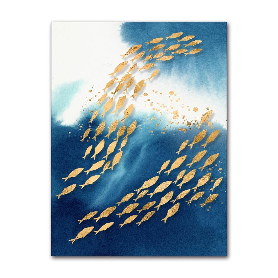 Painting Big Blue Poster Print Luxurious Wall Art For Living Room Aisle Gold Tableaux Picture Abstract Gold Fish Chinese Canvas