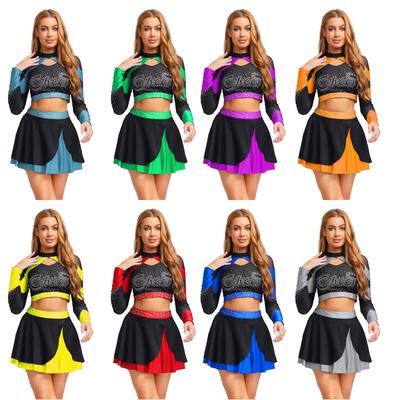 Damen Cheerleading-Outfit Langarm Ausgeschnittenes Crop-Top Skating-Rock Kontrastfarbe Strass Zweiteiliges Set