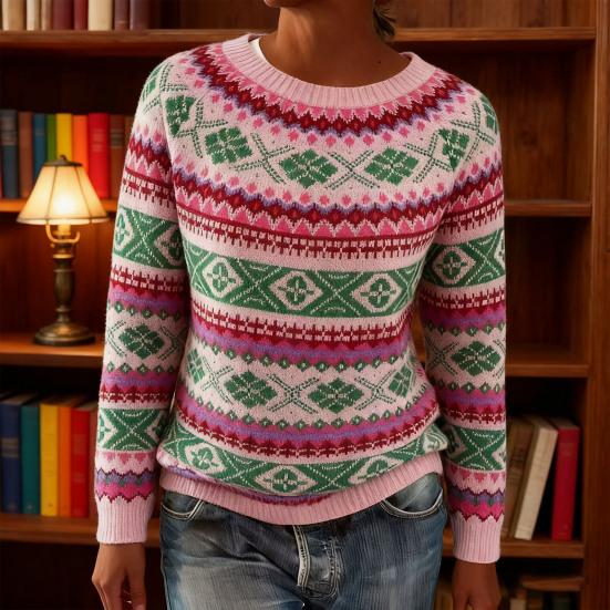 Dame Sweater Rund Hals Langærmet Patchwork Farve Pullover Toppe Løstsiddende Efterår Vinter Strik Toppe Strikvarer