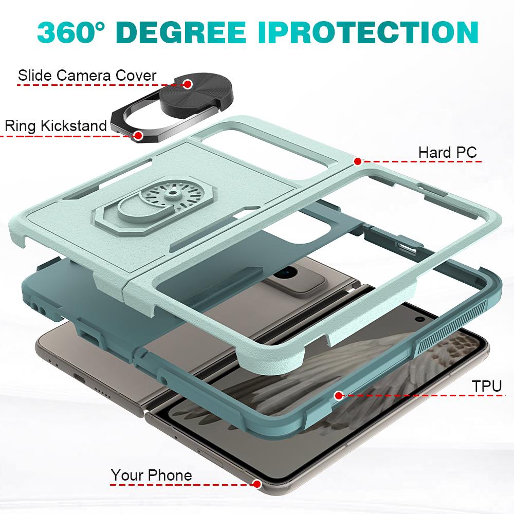 

Shockproof Case for Google Pixel Fold Ring Kickstand Cover PC+TPU Hybrid Phone Case Mint Green