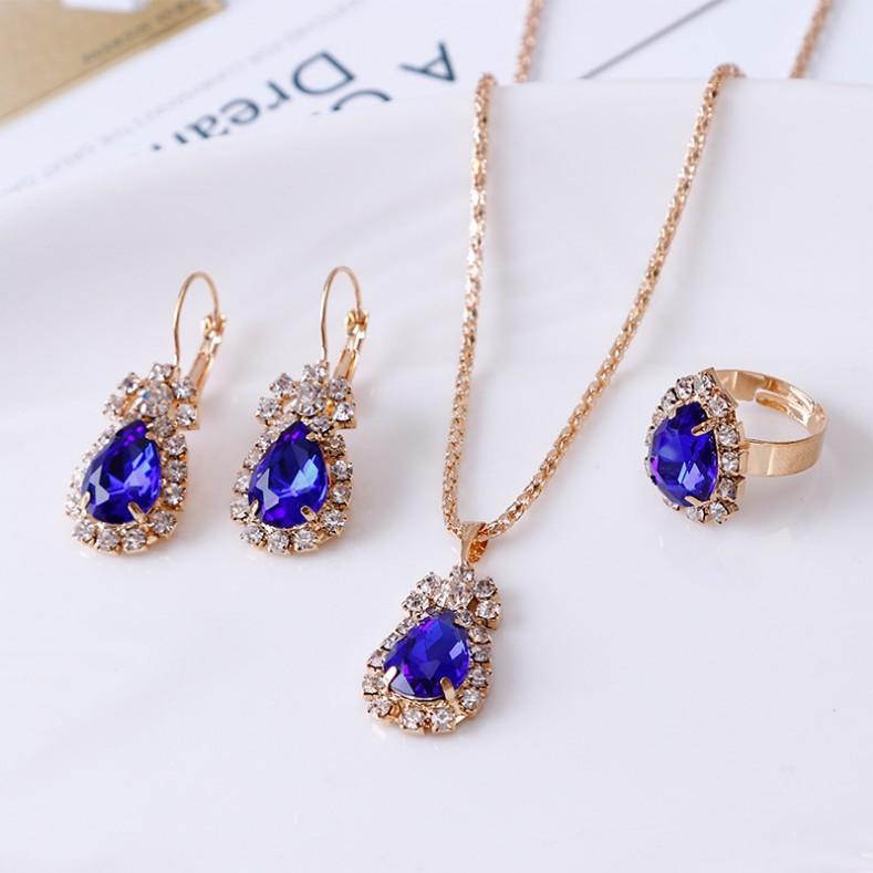C190 Personality Water Drop Rhinestone Necklace Earrings Ring Set Bridal Jewelry Three-Piece Set