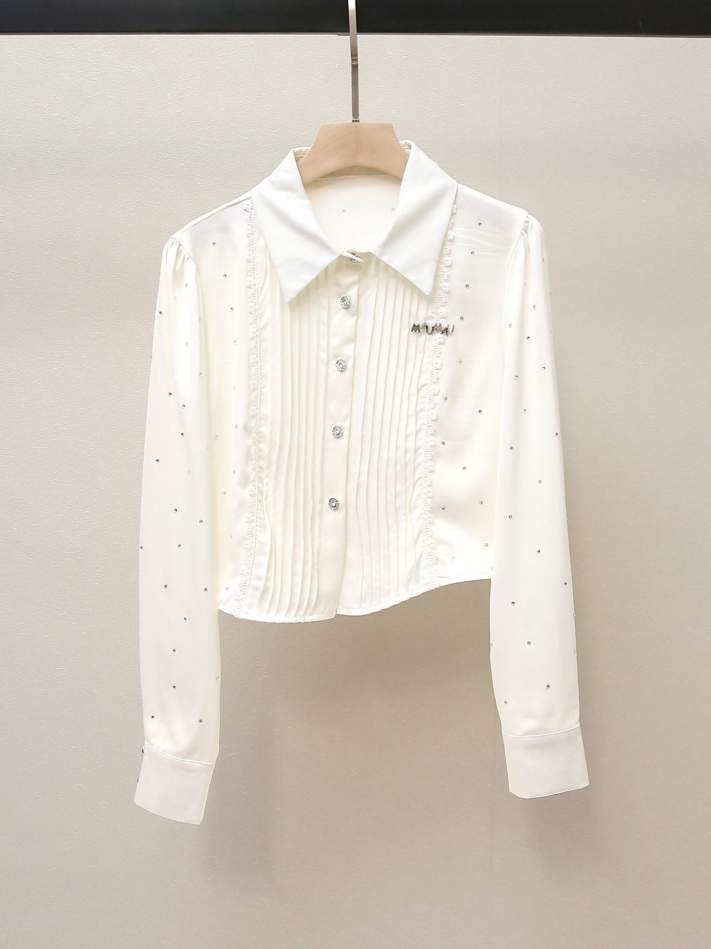 High-End Women s Rhinestone Inlaid Lapel Sweet Short Shirt - French Versatile Academy Style for Autumn/Winter Large кремовый/белый