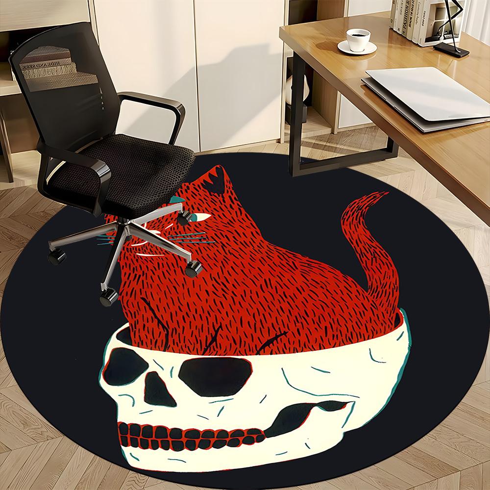 1PC Cat Skull Office Round Area Rug, Mat Suitable For Office, Under Office Chairs Bedroom Living Room Home Decor, Room Deco