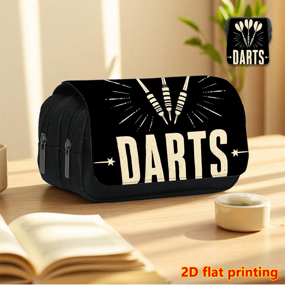 Dart-Themen-2D-bedruckte doppellagige Klappdeckel-schwarze Federtasche - Schulbeginn-Essentials-Stiftebox, Tägliche multifunktionale Kosmetiktasche, Großes Fassungsvermögen
