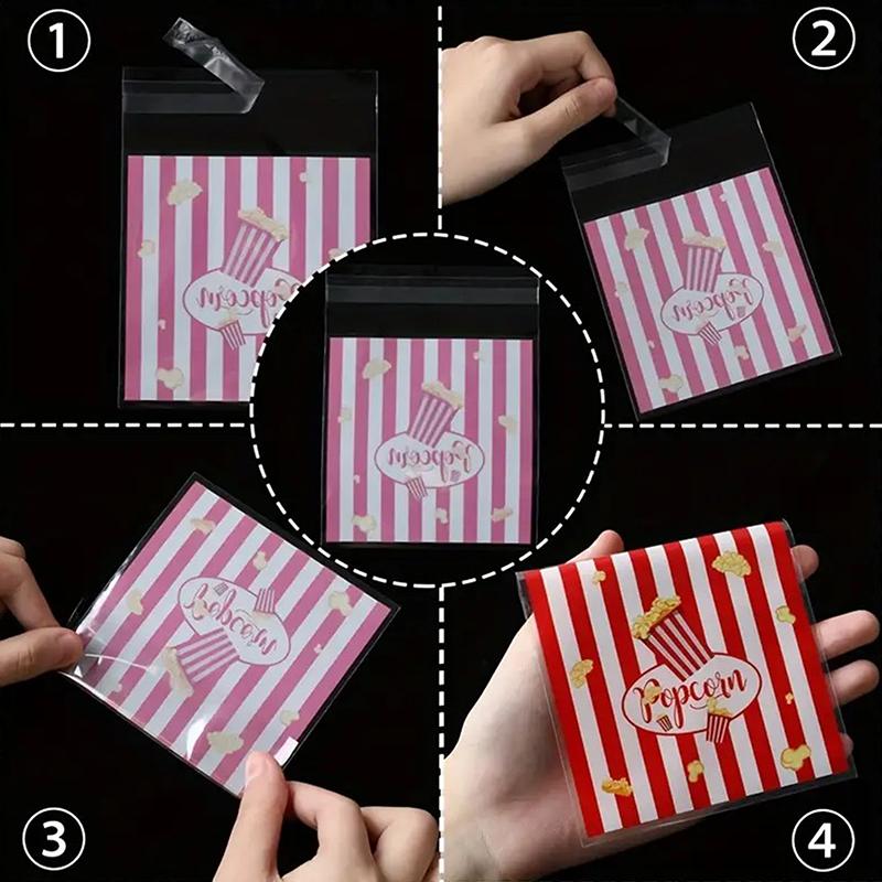50/100 Pièces Sacs Cadeaux Design Popcorn 13*10Cm Rayure Rouge Blanche Sacs Auto-Scellants Biscuits Bonbons Sacs à Snacks Décoration de Fête