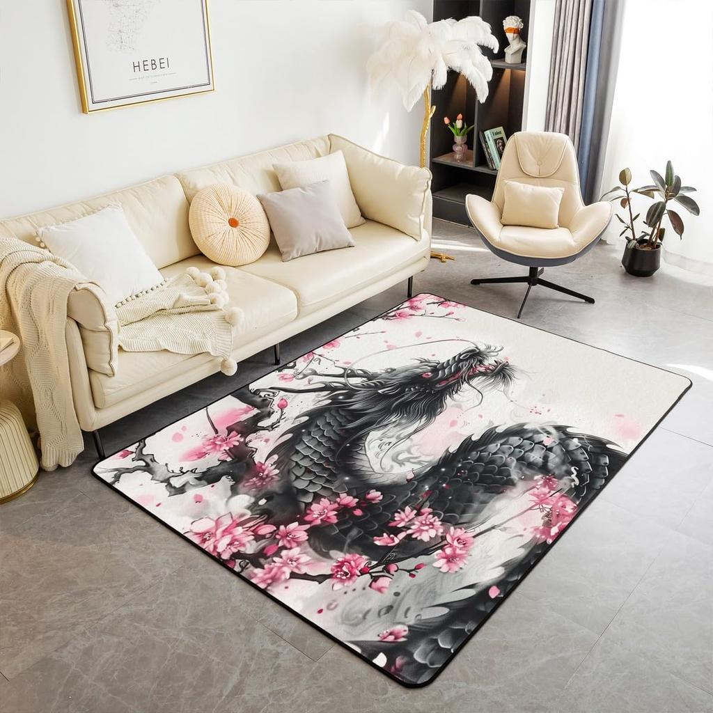 Japanese Samurai Cat Print Area Rug, Red Sun & Ancient City Design Non-Slip Floor Mat for Living Room Bedroom Home Decor Carpet