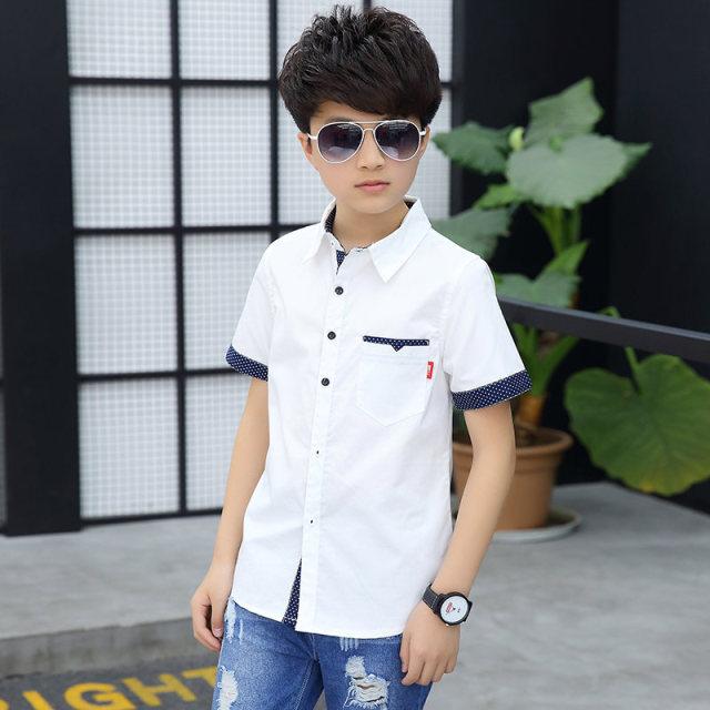 Camicie per ragazzi della scuola Camicette a maniche corte per ragazzi Abbigliamento per bambini Colletto rovesciato in cotone Top per bambini 5 7 9 11 13 15 anni