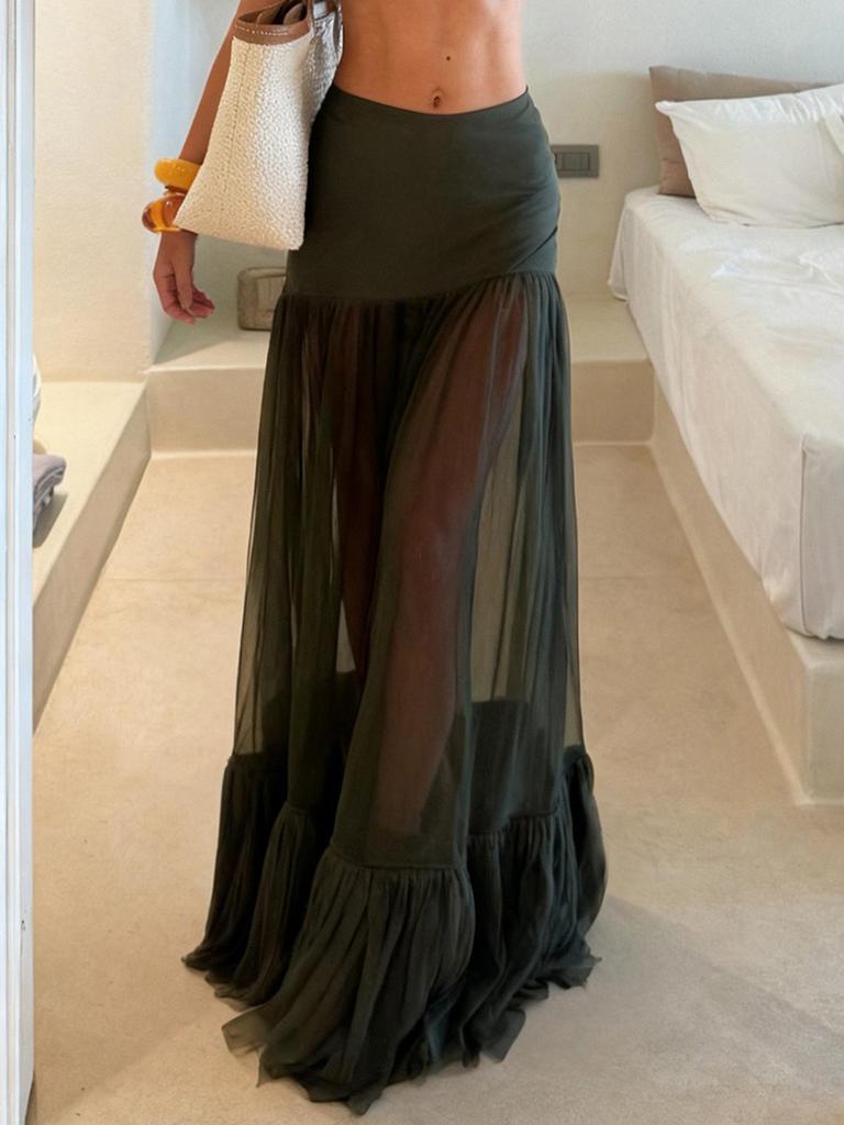 Elegant French Mesh See-through Long Skirt in Solid Color