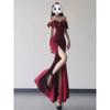 Temperament One-word Shoulder Dress Ruffle Edge Split Engagement Evening Dress Dress Niche High-end